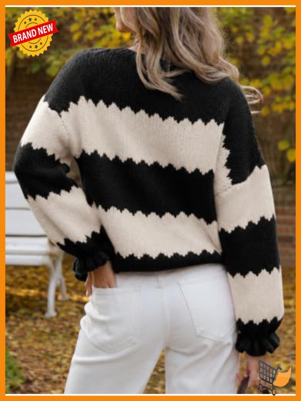 Striped Color Block Ruffle Sleeve Pullover Sweater - Picture 5 of 6